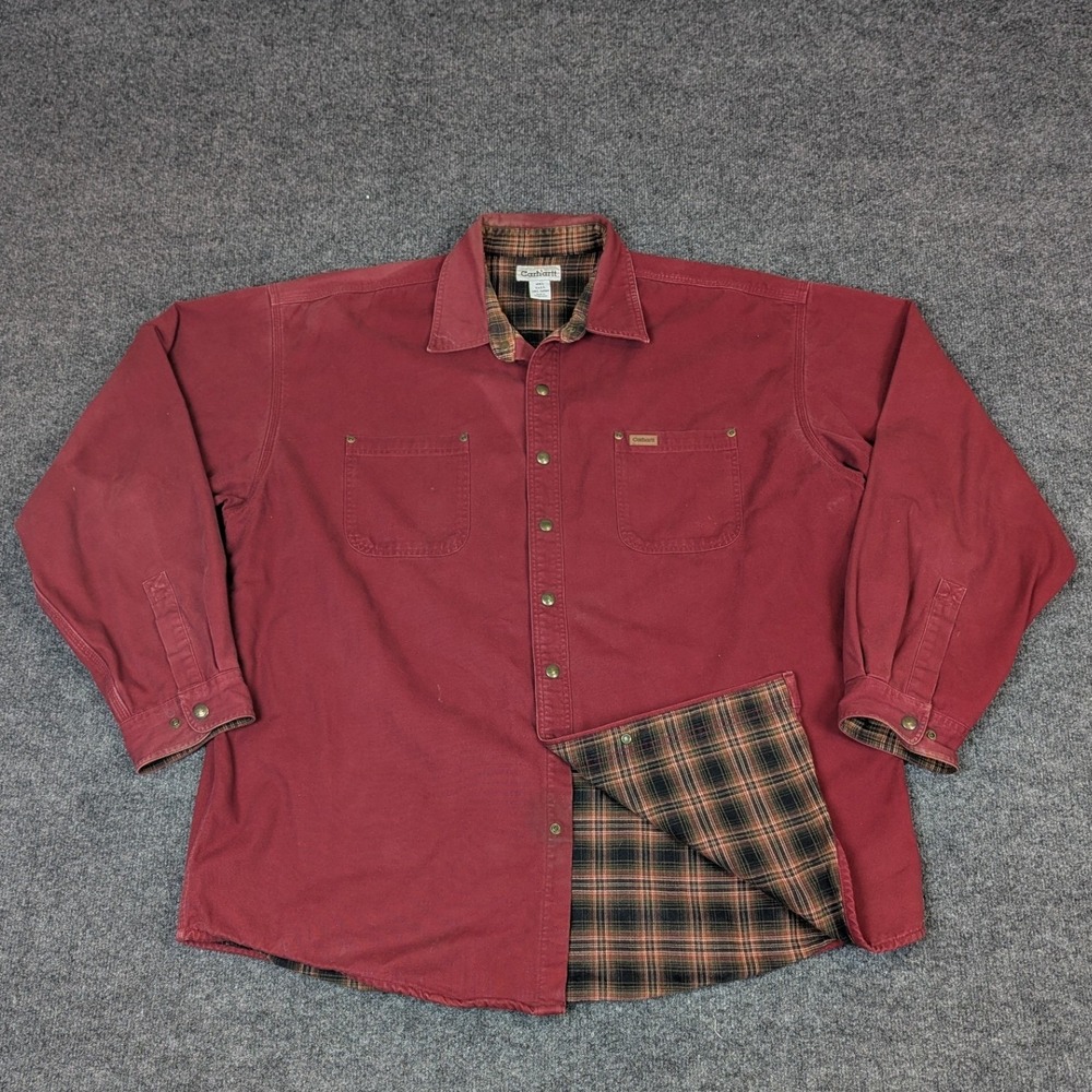 Carhartt Flannel Lined Canvas Shirt Jacket Red 2XL Tall Snap Front Workwear